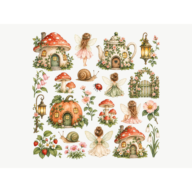 Fairy Cottage Wall Decals, Set of 23 Peel and Stick Nursery Wall Stickers, Satin Finish Removable Kids Room Wall Art, 20"W x 20"H (50 x 50 cm)