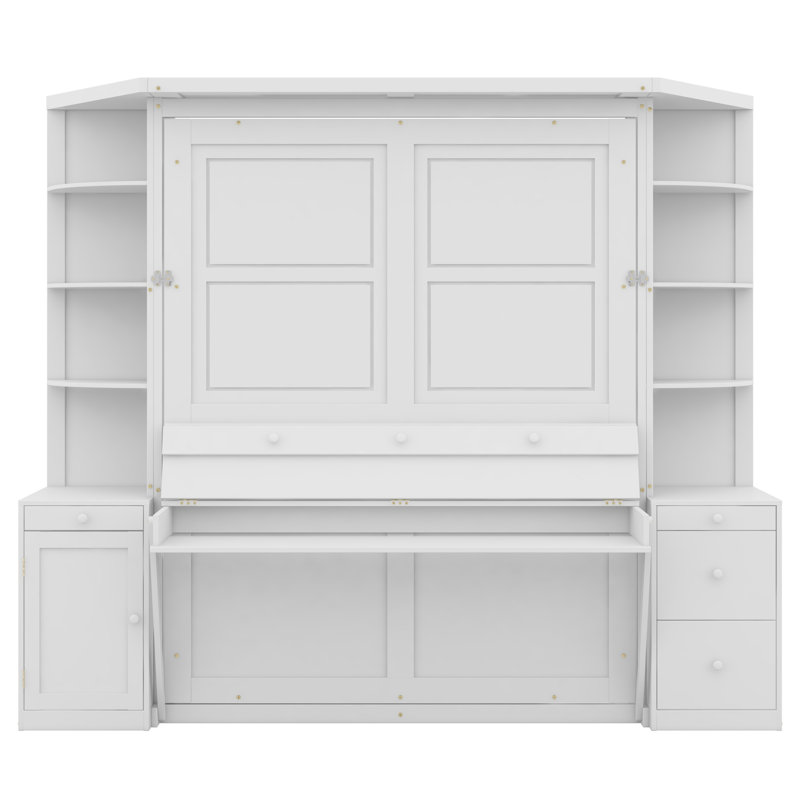 Lit escamotable avec bureau intégré, tablettes et armoires, Blanc