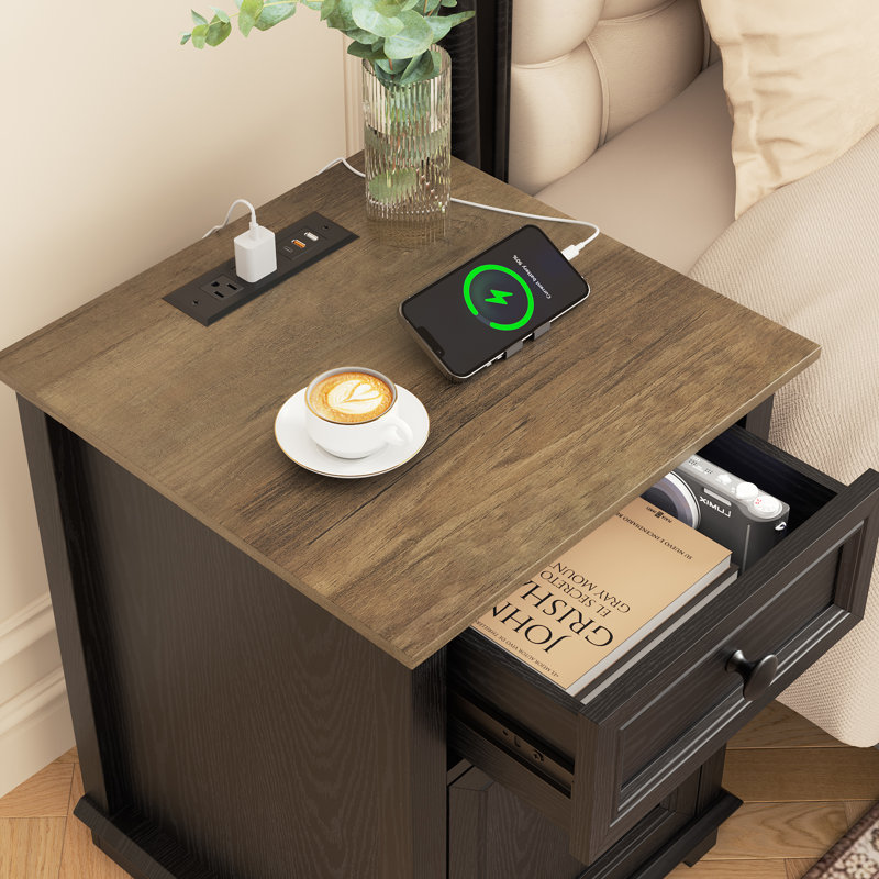 Branimir 1-Drawer Nightstands with Storage and Built-In Outlets, Black, individual