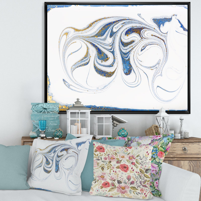 Blanc, bleu et rivières marbrées dorées - peinture sur toile, H 30 po x l 40 po, Cadre flottant noir