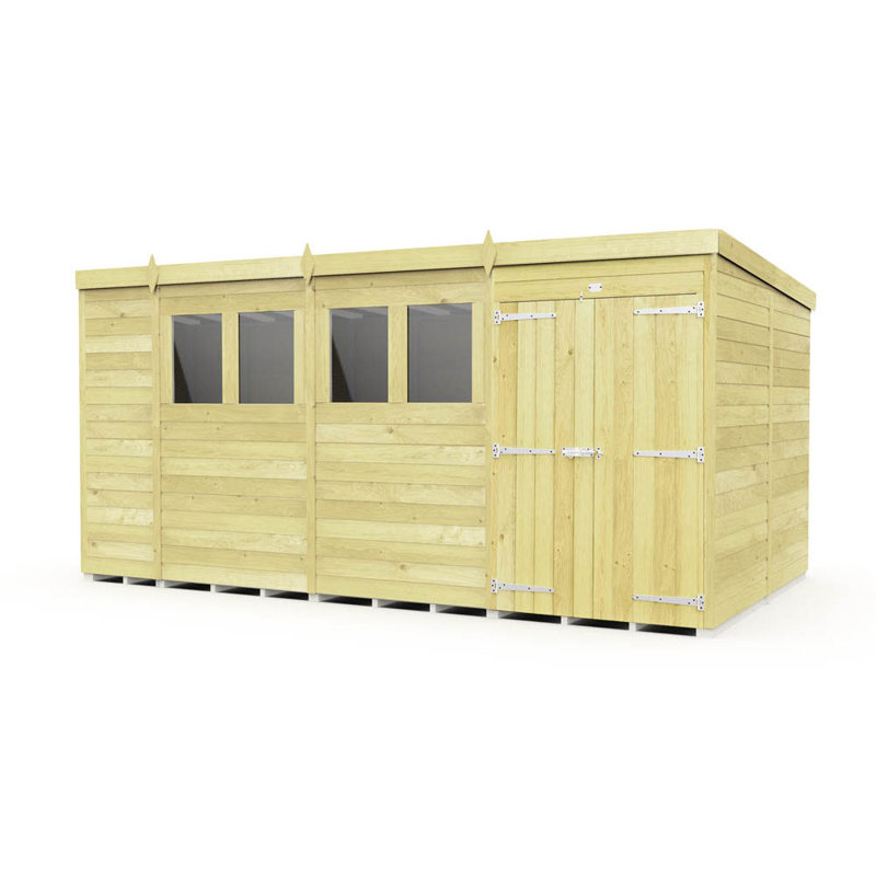 15ft x 8ft Pent Shed - Double Door with Windows