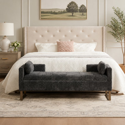 Banc de rangement rembourré à rabat de 63,98 po avec repose-pieds, repose-pieds en chenille avec accoudoirs et dossier et 2 traversins avec pieds en métal pour le salon, le bout du lit, le couloir et la chambre du vestibule. Gris anthracite