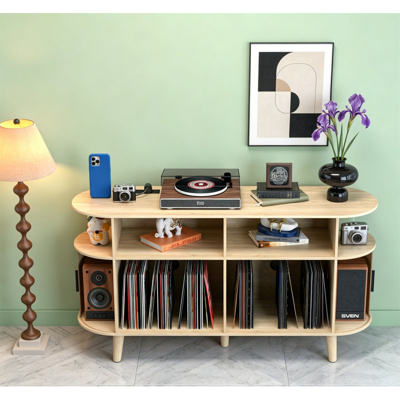 Large Round Record Player Stand with Charging Station USB Ports, Mid Century Turntable Storage Cabinet, Oak, Beige