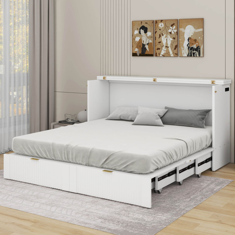 Grand lit escamotable avec tiroir et port USB, Blanc