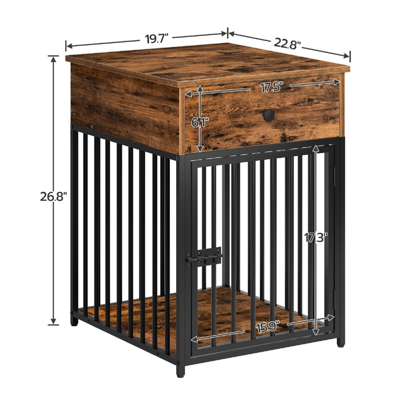Chew-Proof Steel Dog Crate Furniture With Storage Drawer - Rustic Brown End Table Kennel For Small Dogs, 26.8" Indoor Pet House With Ventilated Design
