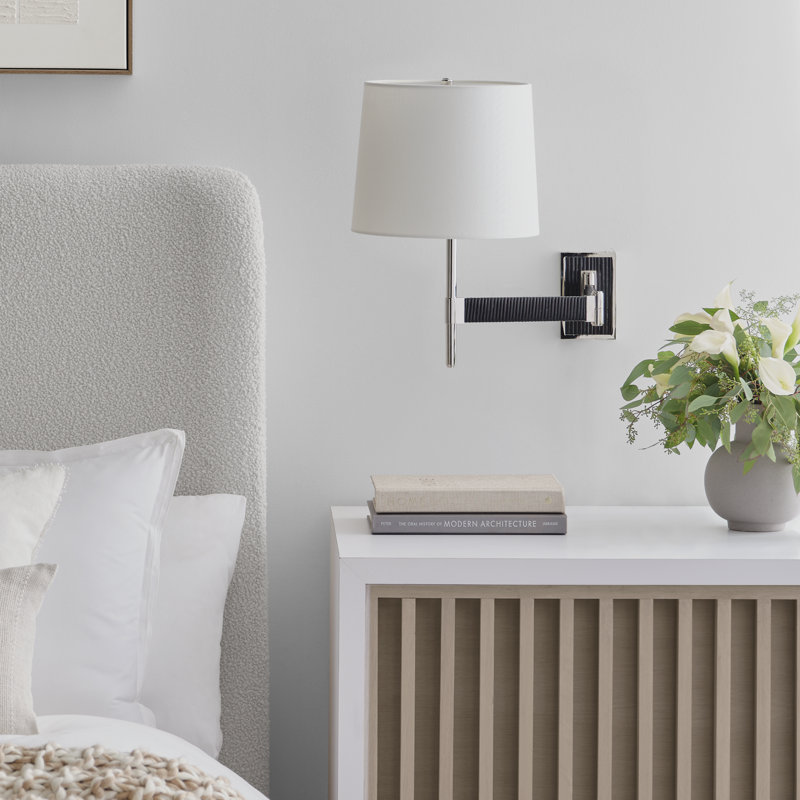 Suzanne Kasler Elle Swing Arm Sconce, Polished Nickel/Black Rattan