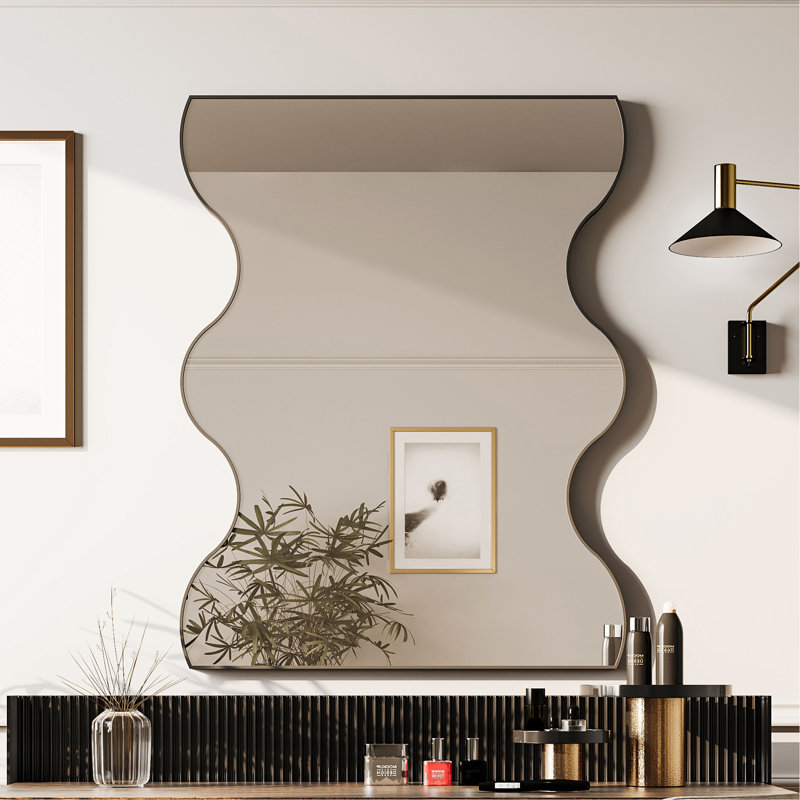 Miroir mural polyvalent à cadre métallique avec côtés ondulés élégants pour la décoration intérieure, Verticale, Black