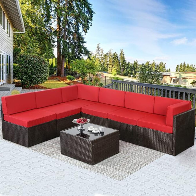 Ensemble de conversation modulaire en rotin 7 pièces avec coussins Emilienne, Brun, Rouge