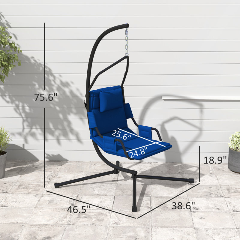 Chaise suspendue à structure en acier avec support et coussin doux revêtu, convient aux cours, aux terrasses, aux salons, etc., bleu foncé