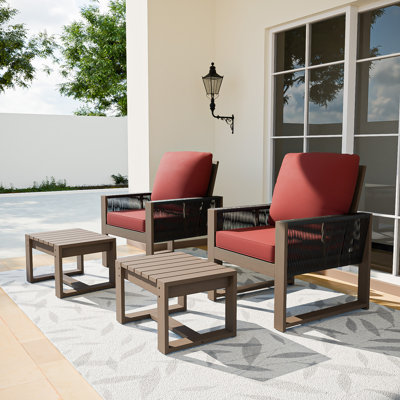 4-Piece Outdoor Patio Cedar Wood Brown Round Wicker Lounge Chair Conversation Set with Olefin Thick Cushions, Ottomans by Ophelia & Co.