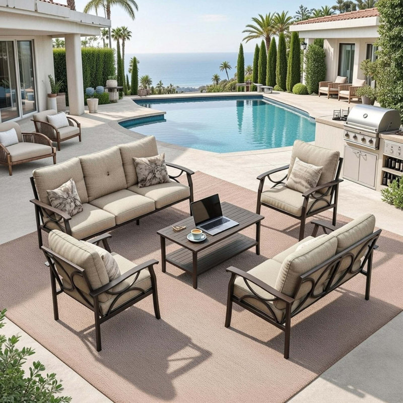 Ensemble complet de patio toutes saisons 7 places avec coussins moelleux