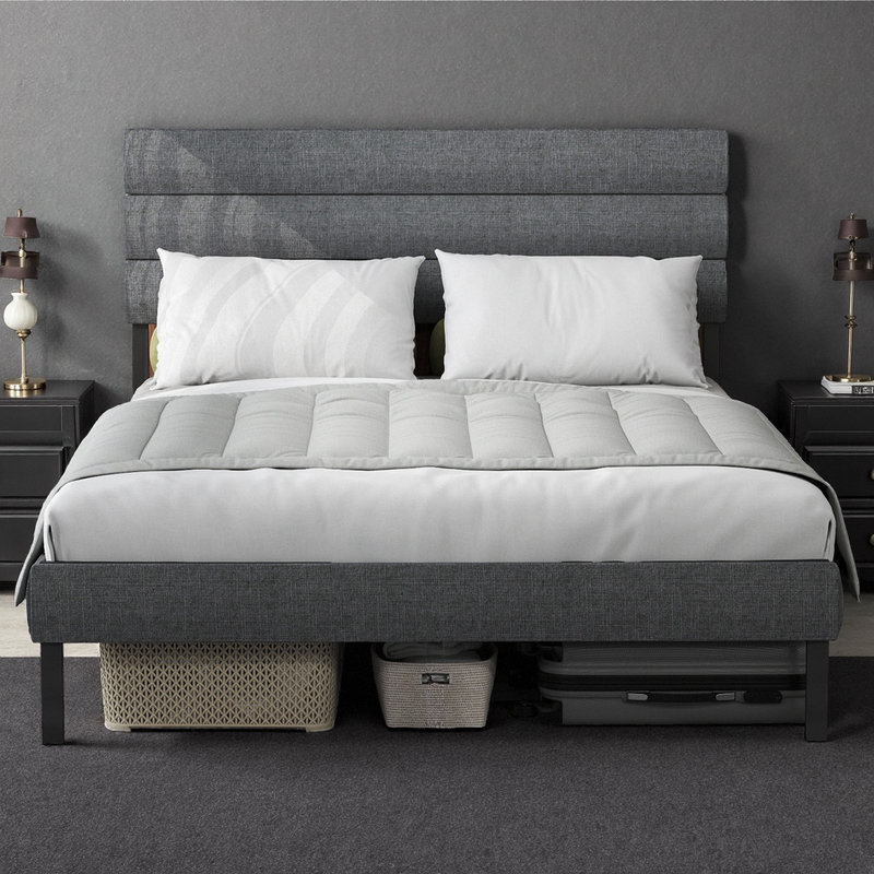 Grand lit plateforme en métal robuste avec rangement 14 po et tête de lit tapissier, Gris