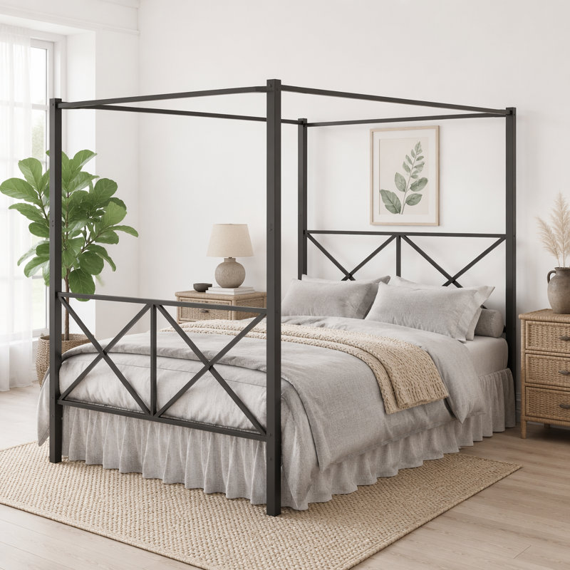 Structure de lit à baldaquin en métal robuste avec design en forme de X, lit plateforme pour matelas grand, idéal pour un sommeil confortable et une décoration intérieure