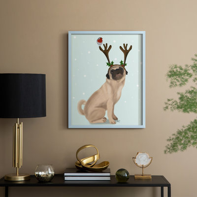 Christmas Pug with Antlers and Robin Framed Print - Solid Wood