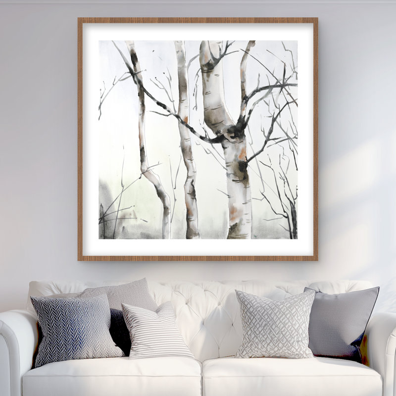 «Three Birches Trees Print» - décor encadré gris minimaliste
