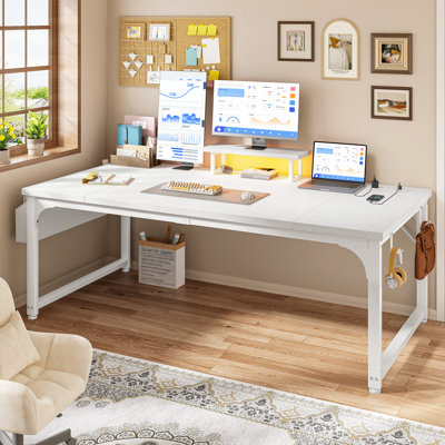 55"W Computer Desk with Monitor Stand & 24mm Thicker Desktop Home Office Desk with Power Outlets, LED Lights, Headphone Hooks & Storage Pocket, White