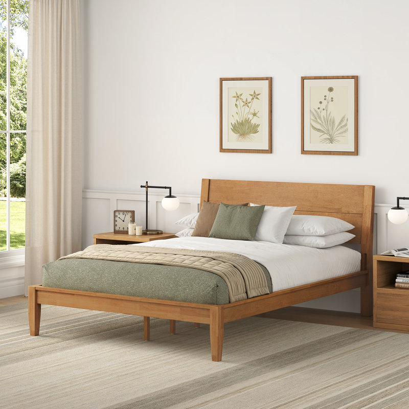Mid-Century Modern Design Solid Rubberwood Bed Frame, No-Tool Quick Assembly Mortise And Tenon Structure, Dark Wood, Queen