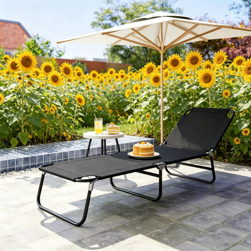 Portable Outdoor Chaise Lounge Chair, Foldable Tanning Lounger with 5 Reclining Positions for Beach and Camping, Black