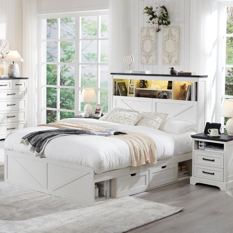Chantise Farmhouse Queen Platform Bed with Storage and Headboard, Wood Platform Bed Frame with Charging Station and Drawers, No Box Spring Needed