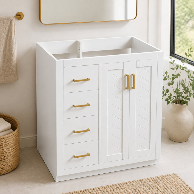 Meuble-lavabo blanc 29,52 po avec cadre en bois massif et portes à fermeture en douceur