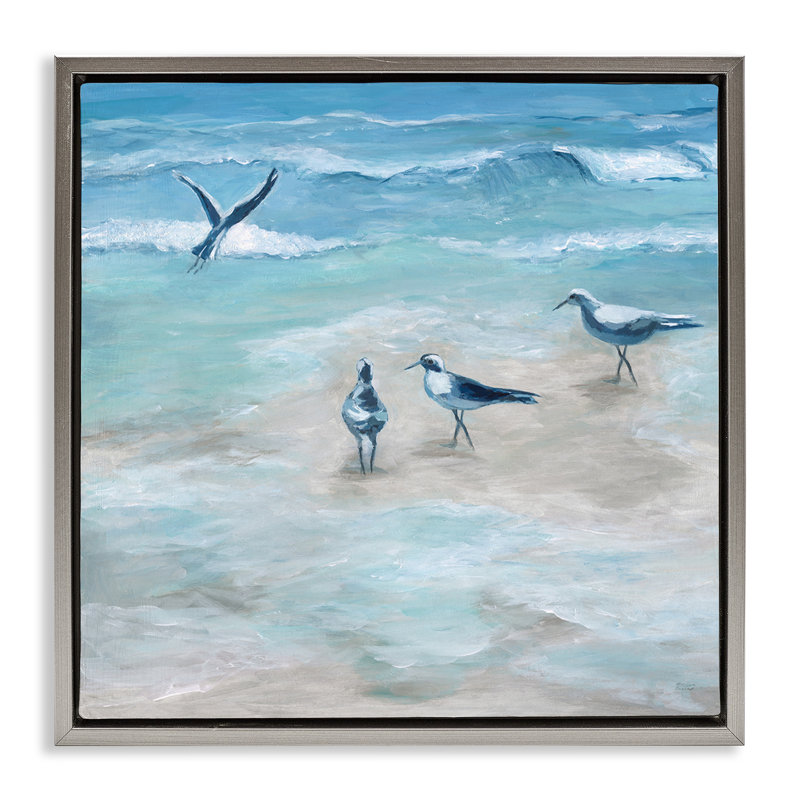 Mouettes côtières sur la plage, Cadre flottant gris lustré, H 18 po x l 18 po