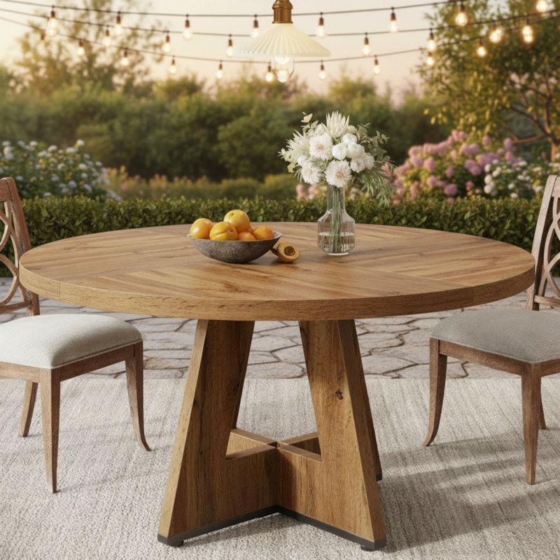 4-Seater Round Wooden Dining Table With A Farmhouse Style, Suitable For Dining Room And Living Room., Natural