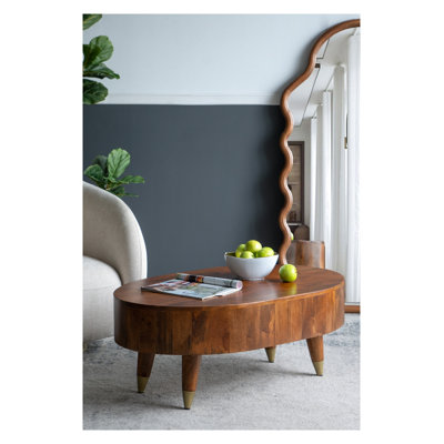 Table basse ovale en bois avec pieds en fer, L 39 po x l 24 po, bois de manguier et métal, brun