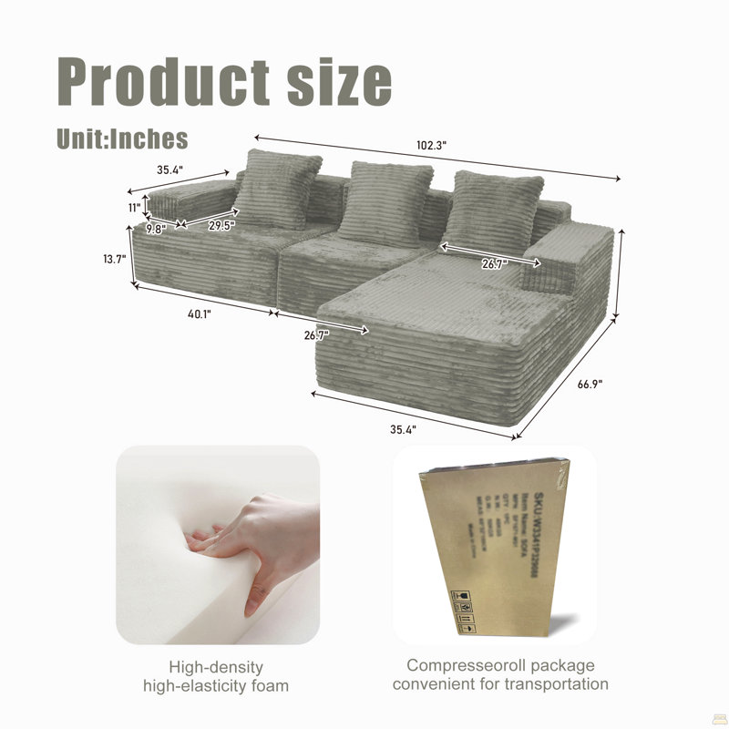 Canapé modulaire à compression avec méridienne confortable, canapé en forme de L sans siège avec assise profonde, canapé-lit modulaire minimaliste
