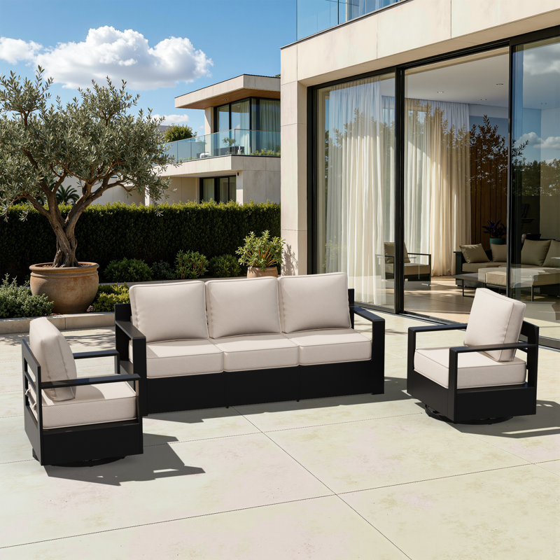 Ensemble de patio d'extérieur en aluminium 3 pièces avec canapé 3 places, chaises pivotantes et coussin beige Abdullah, Beige