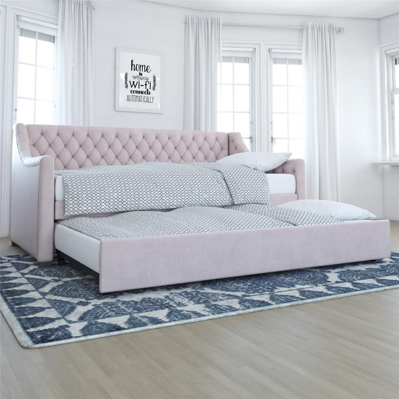 Antonia Upholstered Daybed with Trundle, Pastel Pink