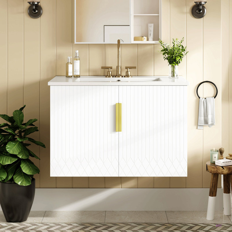 Meuble-lavabo de salle de bain vintage 30 po avec lavabo en céramique, lavabo simple en céramique à 3 trous, meuble-lavabo avec 2 portes à fermeture douce