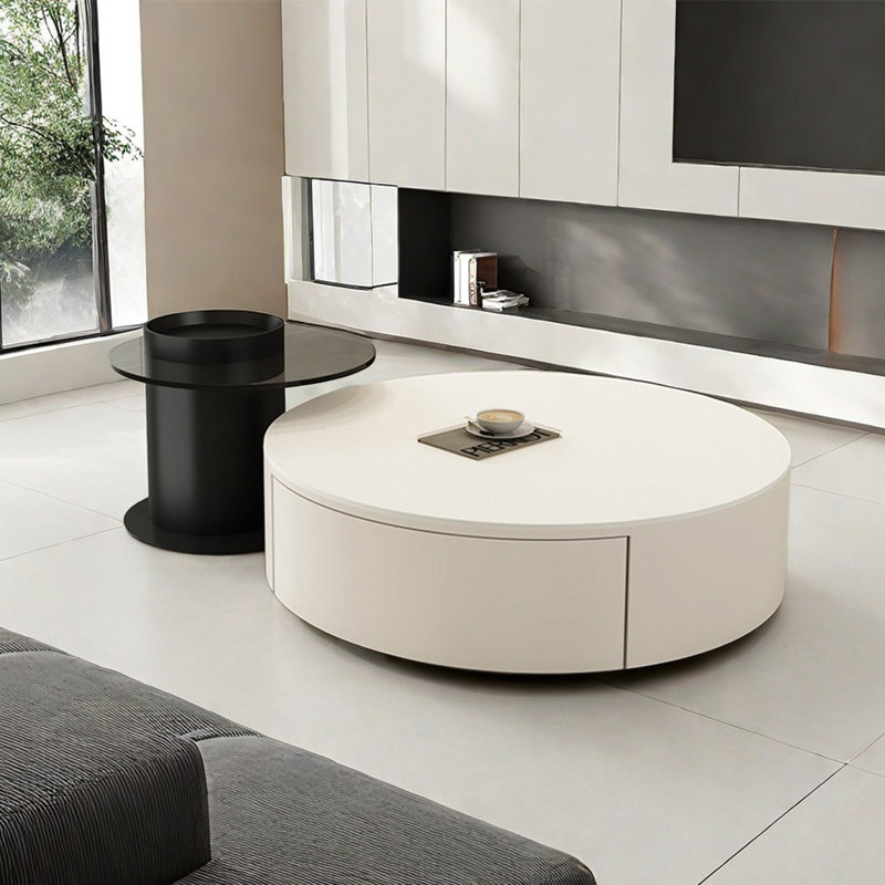 Table basse moderne simple ronde, H 12,2 po x L 31,5 po x l 31,5 po, Blanc, Blanc