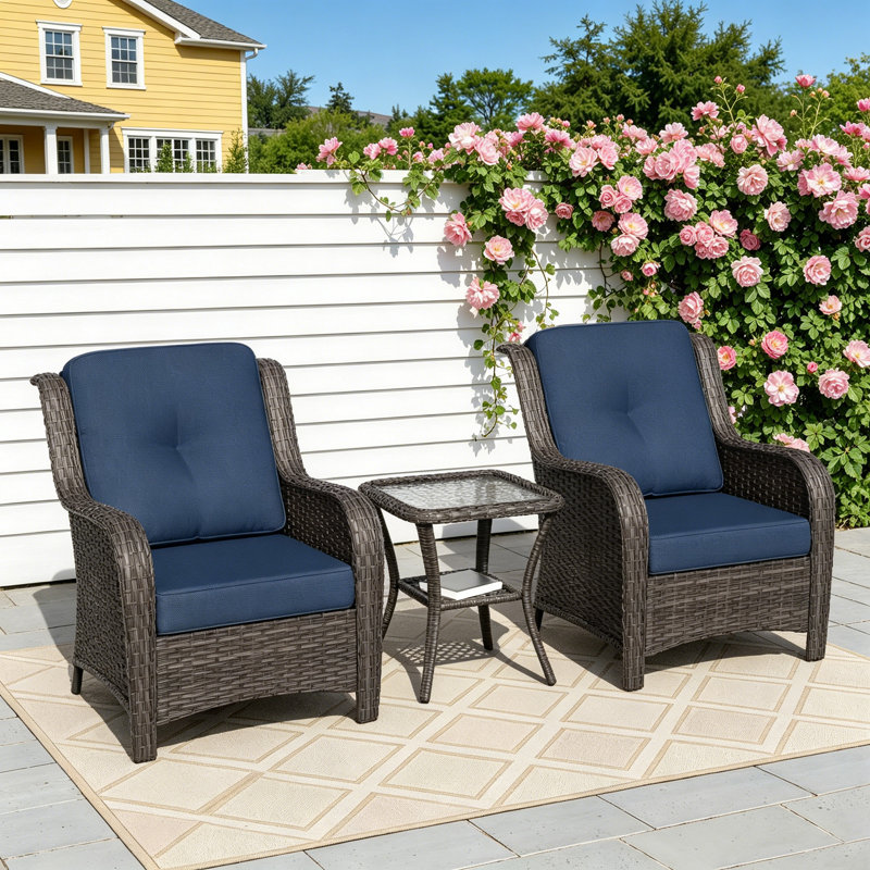 2-Person Outdoor Patio Conversation Rattan Seating Group With 1 Coffee Table,2 Armchairs and Blue Cushions, Blue