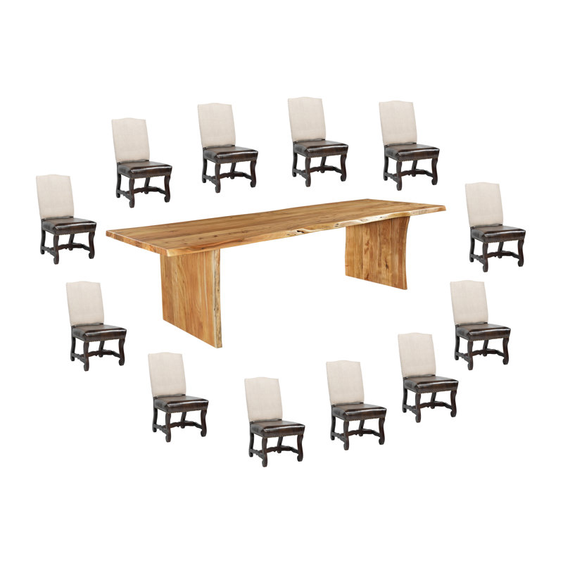 13-Piece Live Edge Solid Wood Dining Set, Natural, Beige/Dark Brown