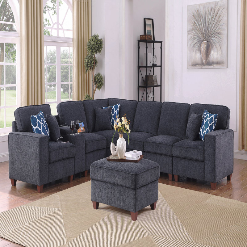 Canapé modulaire avec repose-pieds, Chenille - Noir, 35 po H x 136,25 po L x 99,25 po P