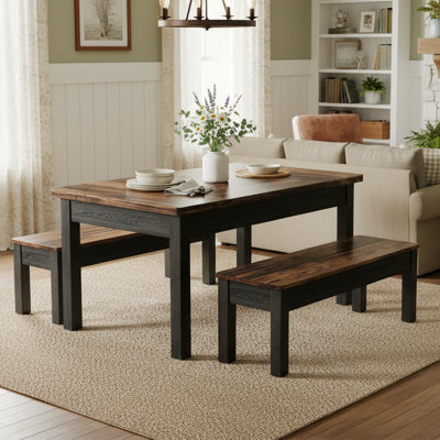 55" Farmhouse Kitchen Table With 2 Benches, 3-piece Wooden Dining Table Set