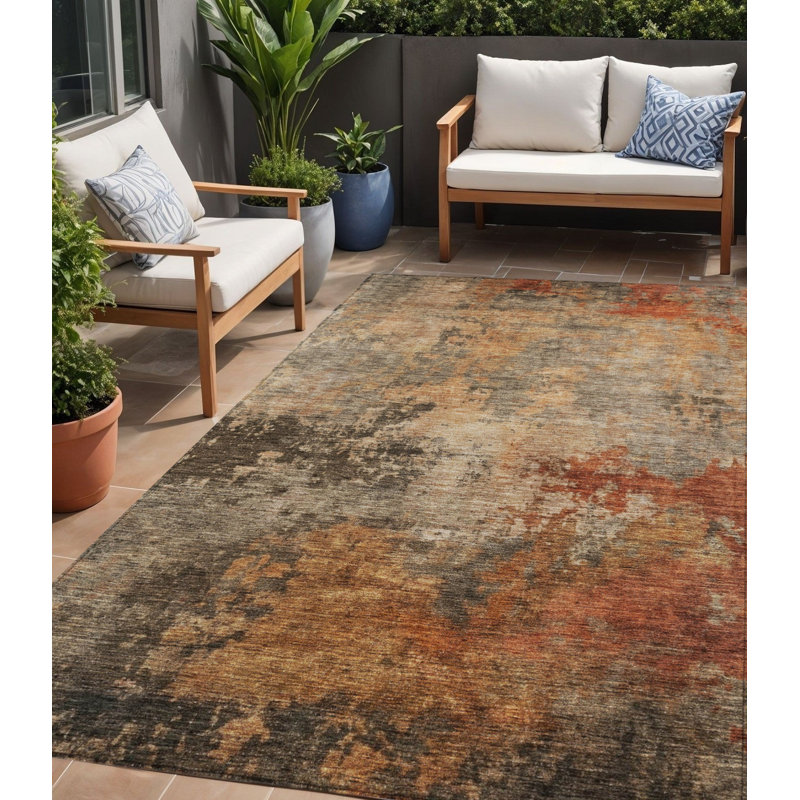 Tapis extérieur lavable abstrait brun kaki et cuivre 5 pi x 8 pi