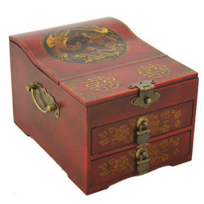 Asian Style Vintage Chinese Jewelry Keepsake Box With Leather Surface