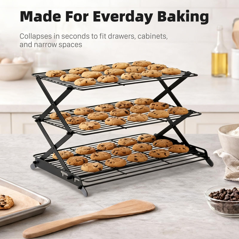 Grille de refroidissement pliable à 3 niveaux - Grille de cuisson réglable et empilable avec conception en X stable, grilles de refroidissement peu encombrantes pour la cuisson, la cuisson des biscuits, les gâteaux, le rôtissage et le séchage (noir)