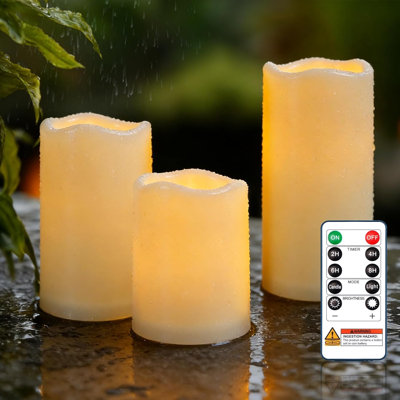 Bougies sans flamme extérieures imperméables, bougies électriques à DEL à piles avec télécommande et minuteries, bougie à faux pilier pour patio, porche et décoration de mariage, ivoire, ensemble de 3 (3 po x 4 po 5 po 6 po)