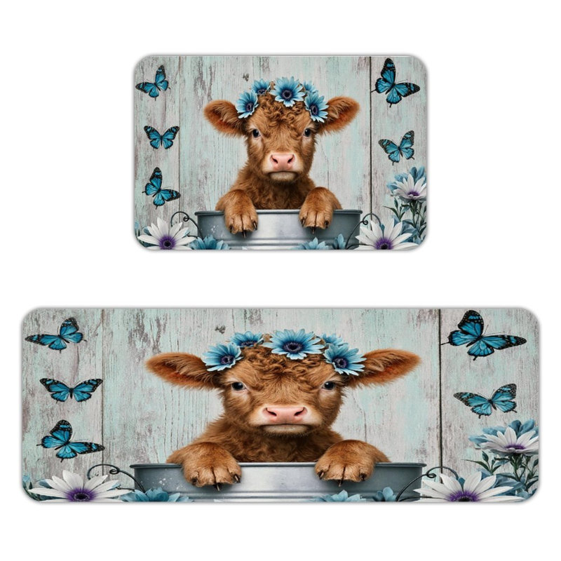 Tapis de cuisine antidérapant en veau avec couronne de fleurs, 2 pièces, Veau avec couronne de fleurs