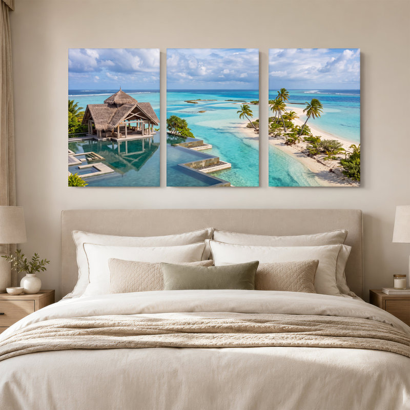 Ensemble de 3 toiles tropicales avec piscine à débordement et turquoise, 18"H x 12"W x 3pcs