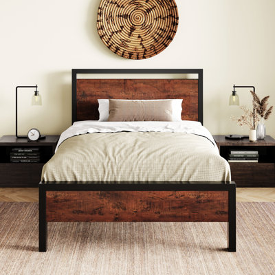 Minas Classical Metal Platform Bed Frame with Wood Headboard and Footboard