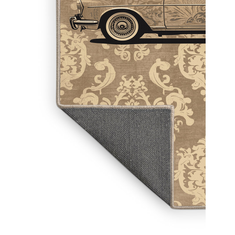 Tapis beige moelleux moelleux à motif de voiture berline rétro classique - reliure beige, 3 X 5