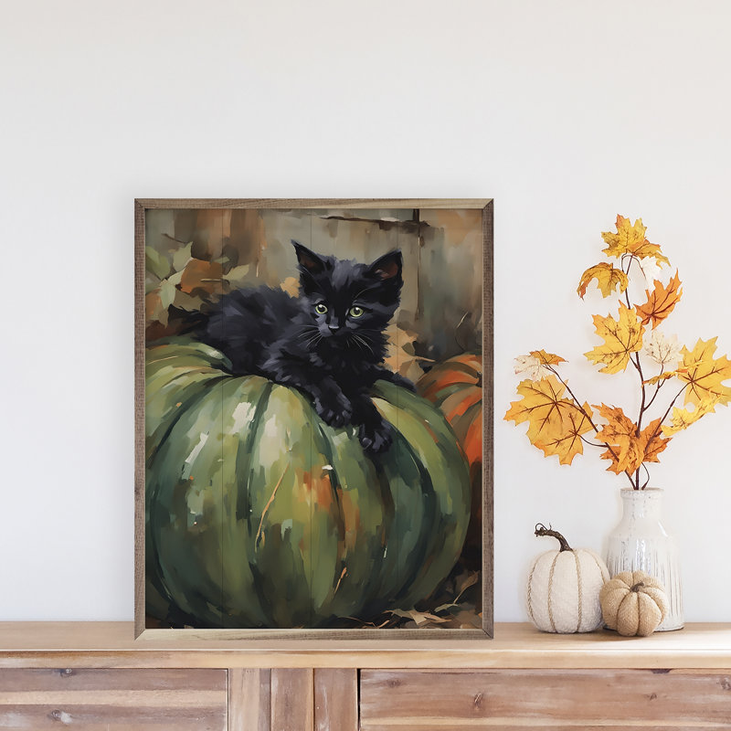 «Chaton sur citrouille verte» sur bois, H 10 po x l 8 po