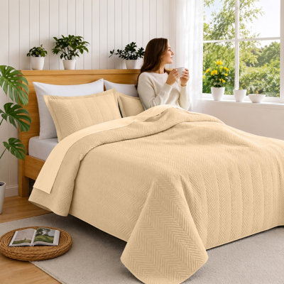 Ensemble de couvre-lit matelassé avec taies d'oreiller – Couvre-lit doux en microfibre, courtepointe texturée en relief, literie moderne et légère