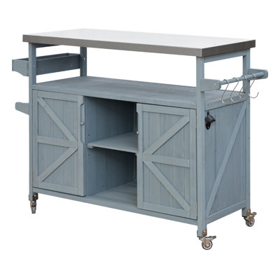 K&K Farmhouse Outdoor Kitchen Island - Rolling Bar Cart with Stainless Steel Top, Spice Rack & Locking Wheels for Patio BBQ, Grey Blue