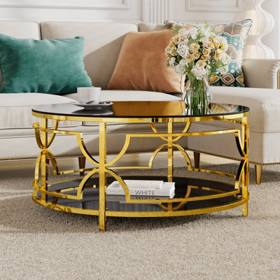 Table basse ronde en verre trempé de 30,7 po, structure en métal géométrique luxueuse, finition dorée et tablette inférieure, noir