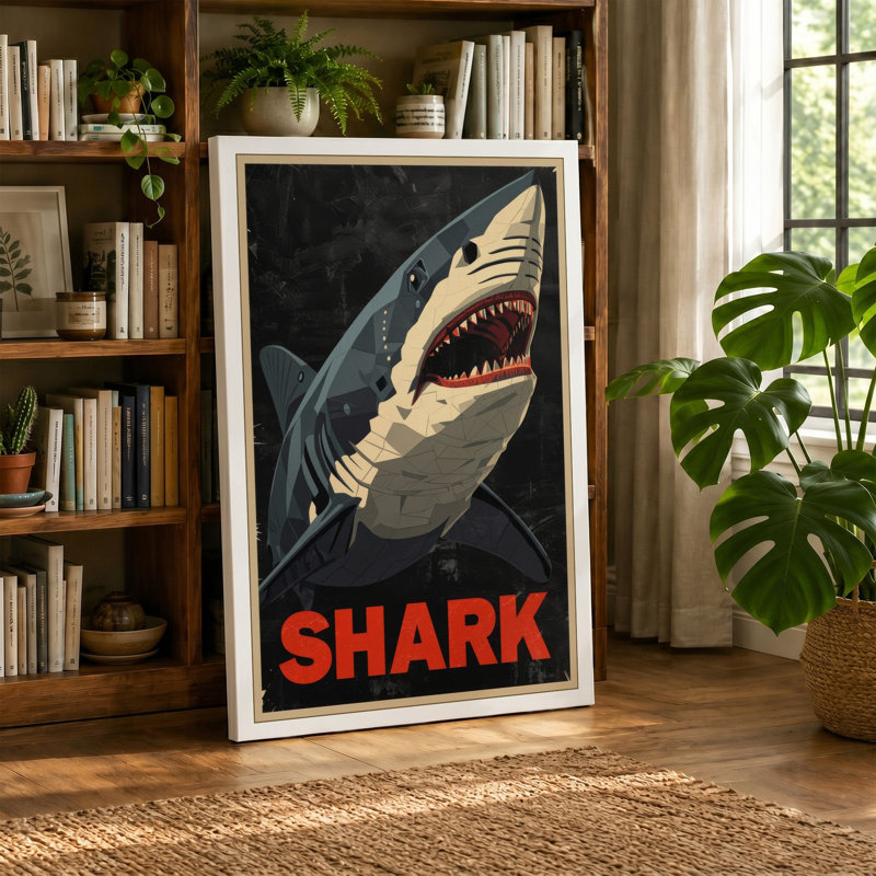 Shark Graphic Art - Wrapped Canvas, 30x20 - 76.2 x 50.8 cm, Cream Border