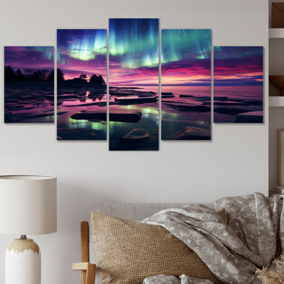 Magical Aurora Borealis Artic Lake Serenity II - Northern Lights Canvas Wall Art - 5 Panels